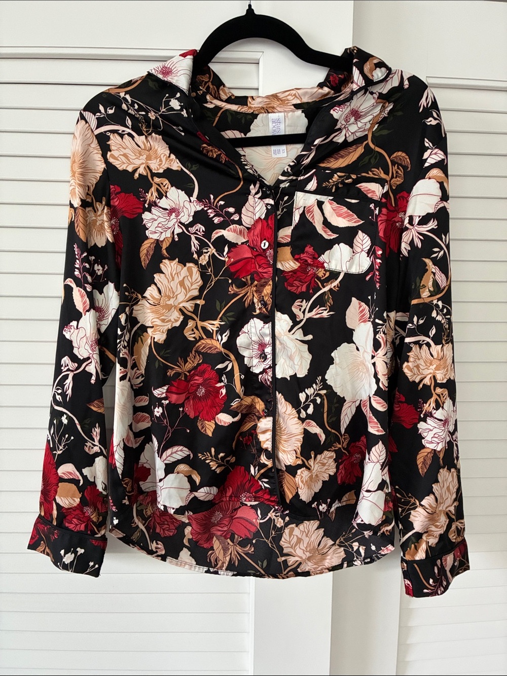 Floral Button-Down Sleep Blouse - Black with Red & Cream Floral